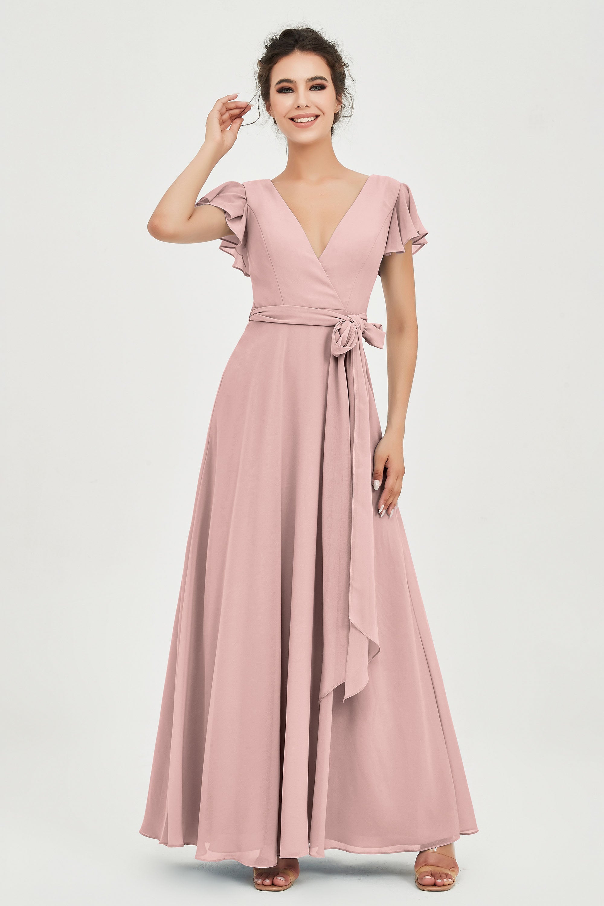 Flutter Sleeves Chiffon V Neck Bridesmaid Dress Women's Formal Evening Prom Gowns Dresses