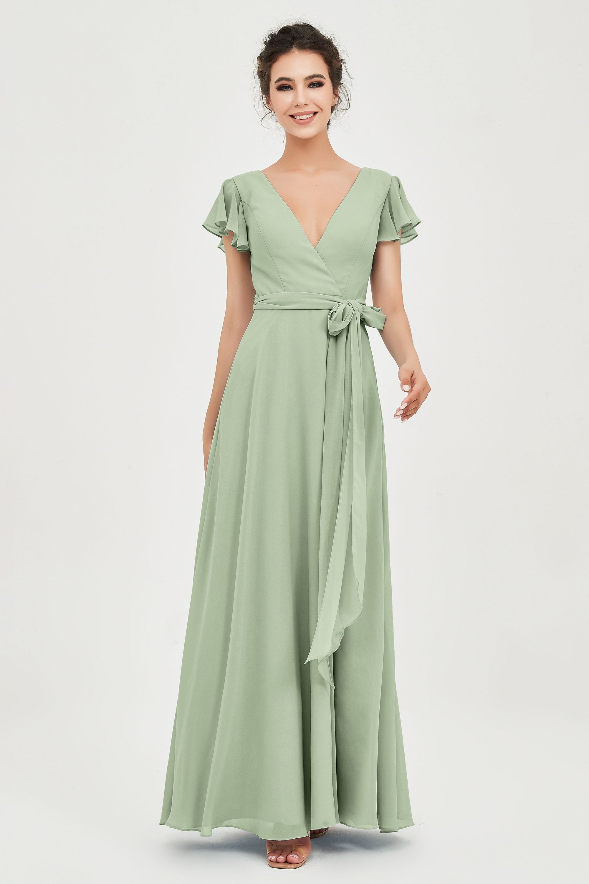 Flutter Sleeves Chiffon V Neck Bridesmaid Dress Women's Formal Evening Prom Gowns Dresses