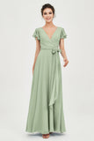 Flutter Sleeves Chiffon V Neck Bridesmaid Dress Women's Formal Evening Prom Gowns Dresses