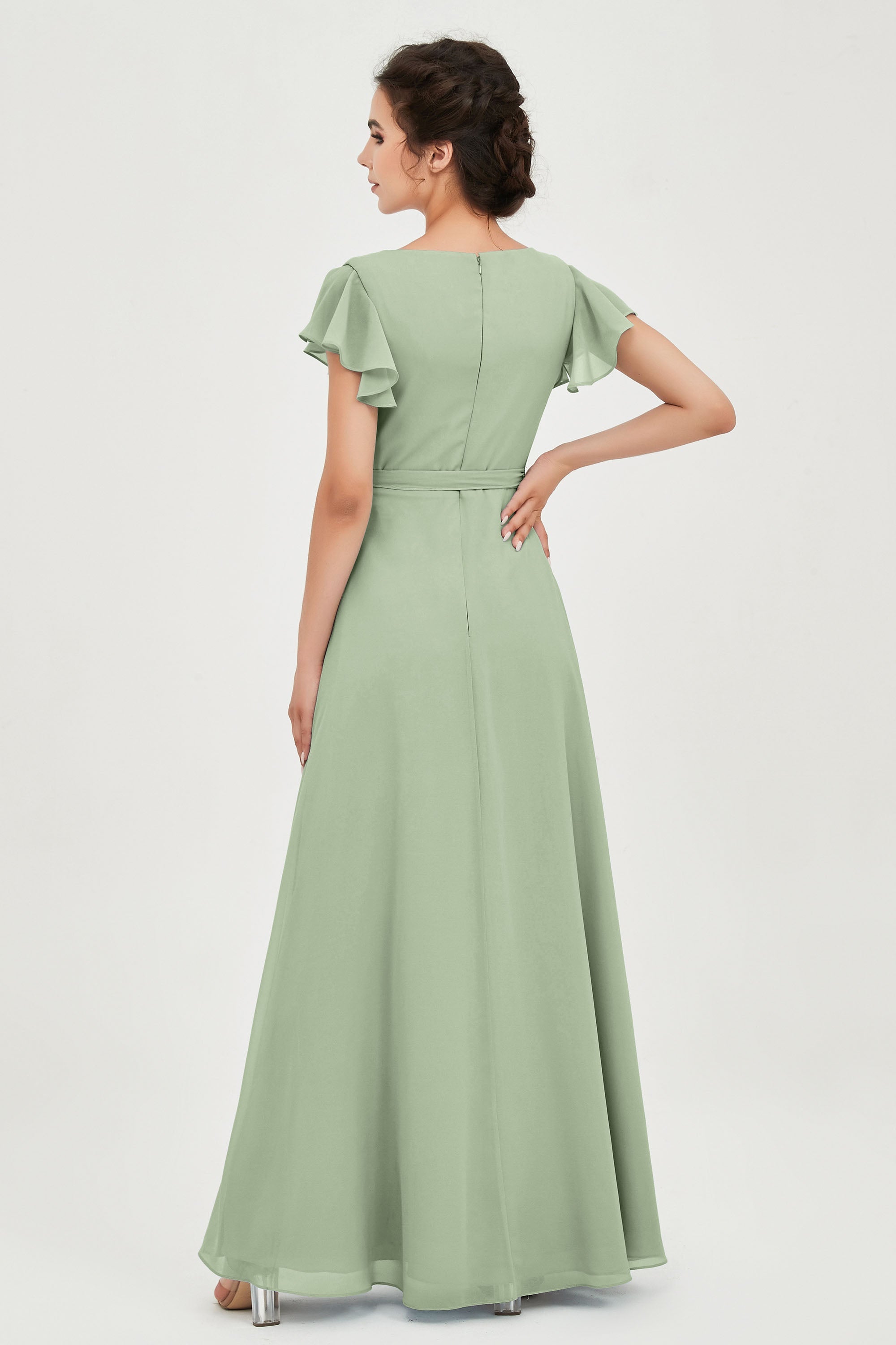 Flutter Sleeves Chiffon V Neck Bridesmaid Dress Women's Formal Evening Prom Gowns Dresses