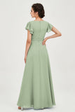 Flutter Sleeves Chiffon V Neck Bridesmaid Dress Women's Formal Evening Prom Gowns Dresses