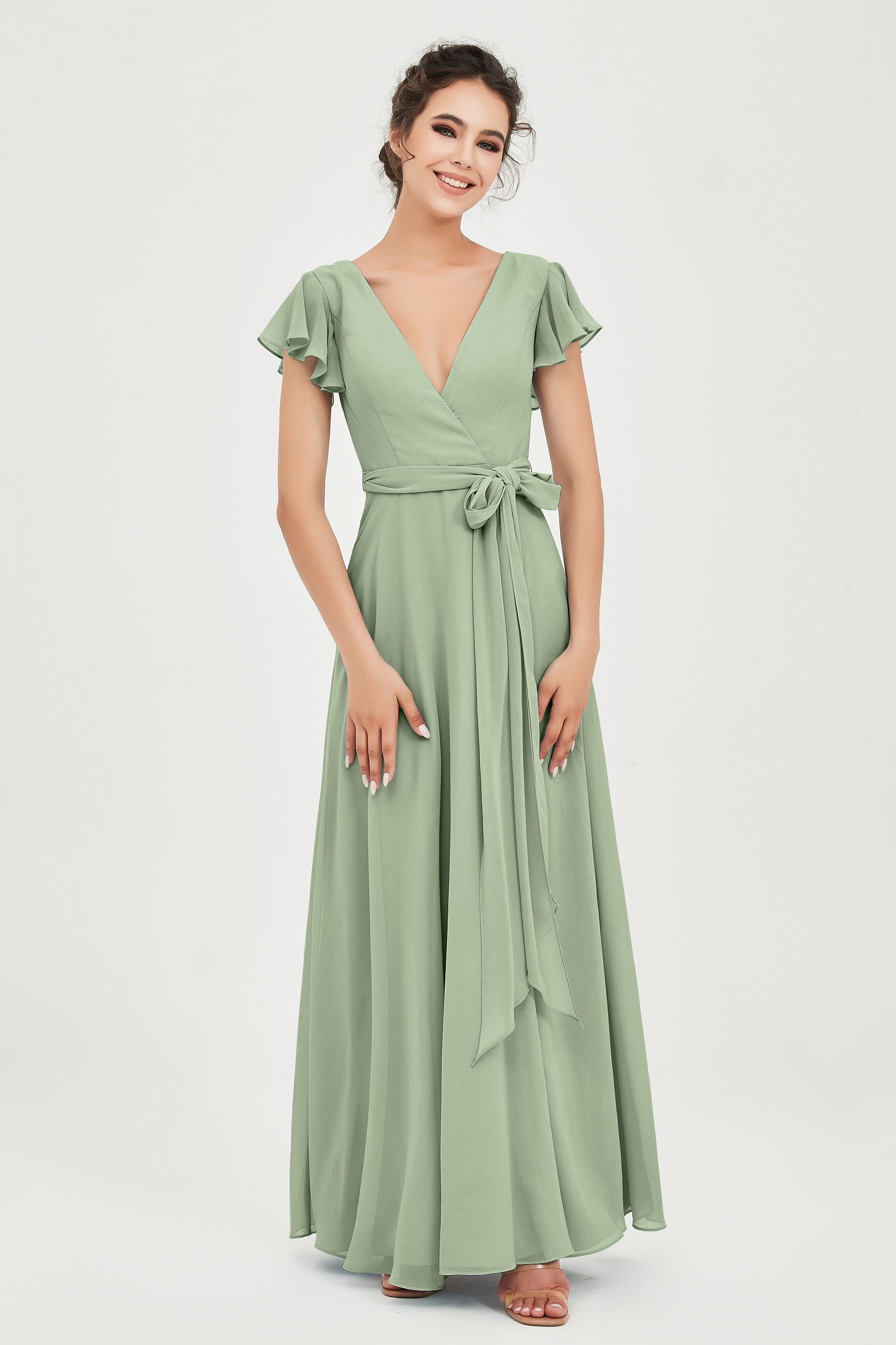 Flutter Sleeves Chiffon V Neck Bridesmaid Dress Women's Formal Evening Prom Gowns Dresses