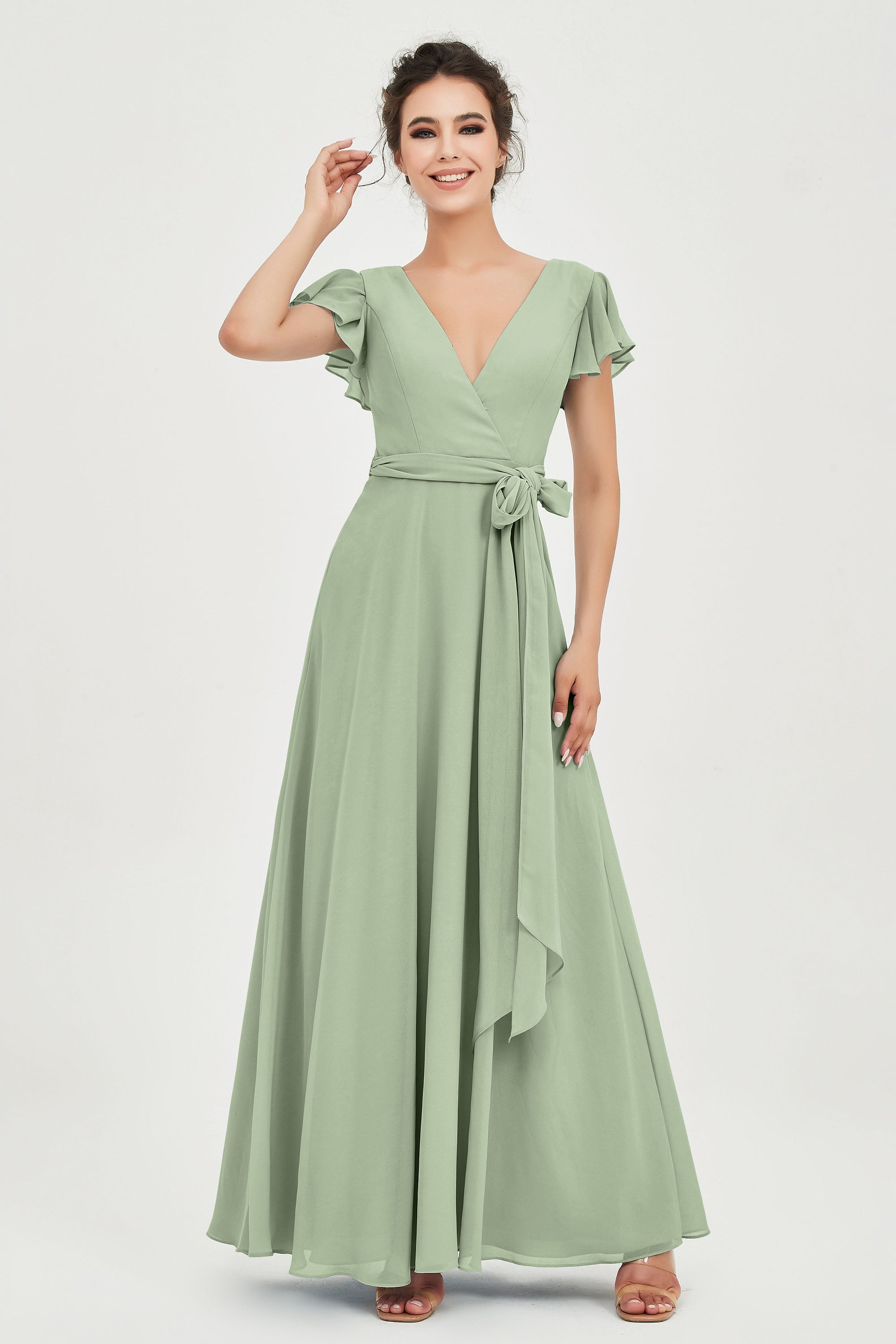 Flutter Sleeves Chiffon V Neck Bridesmaid Dress Women's Formal Evening Prom Gowns Dresses