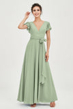 Flutter Sleeves Chiffon V Neck Bridesmaid Dress Women's Formal Evening Prom Gowns Dresses