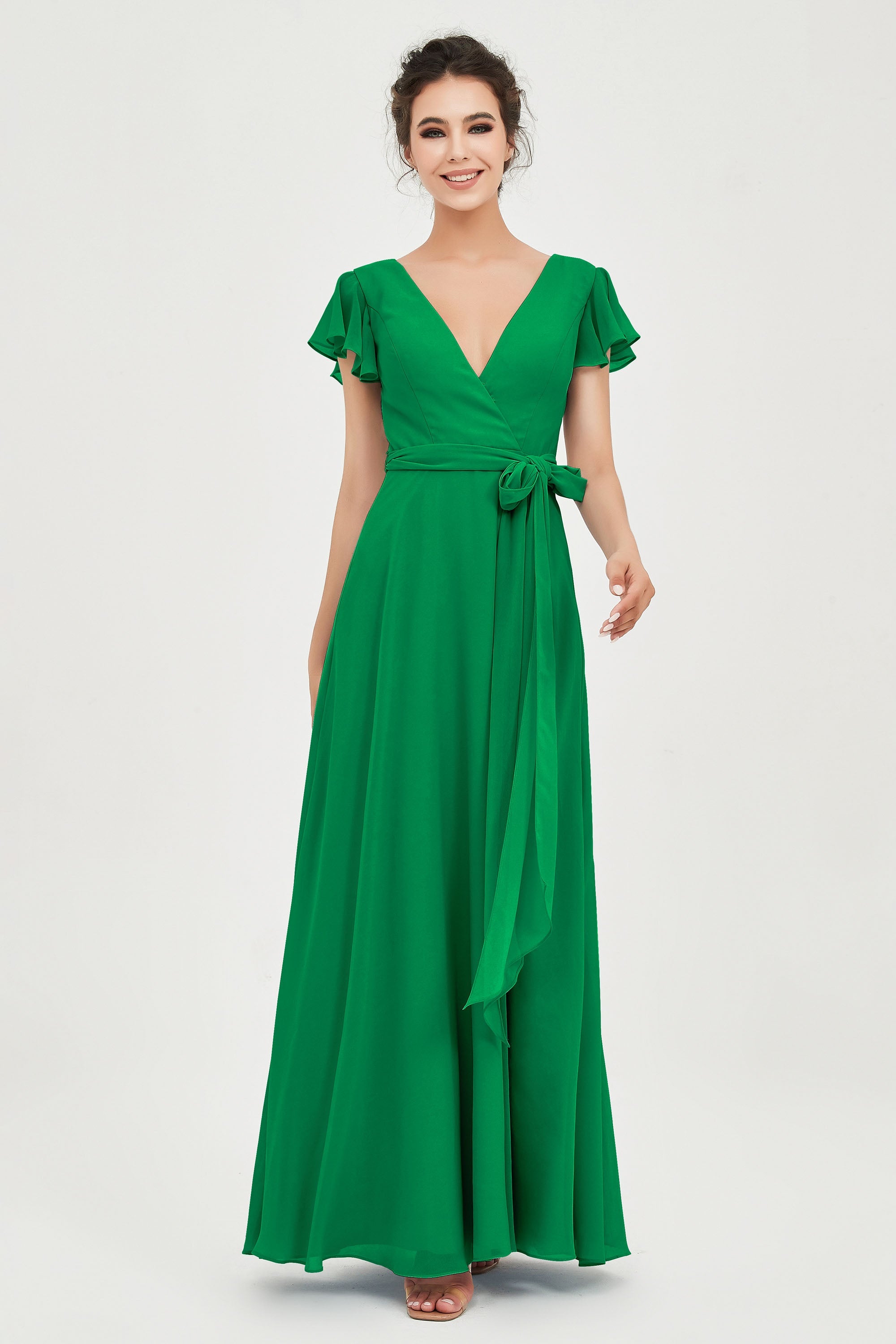 Flutter Sleeves Chiffon V Neck Bridesmaid Dress Women's Formal Evening Prom Gowns Dresses