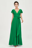 Flutter Sleeves Chiffon V Neck Bridesmaid Dress Women's Formal Evening Prom Gowns Dresses