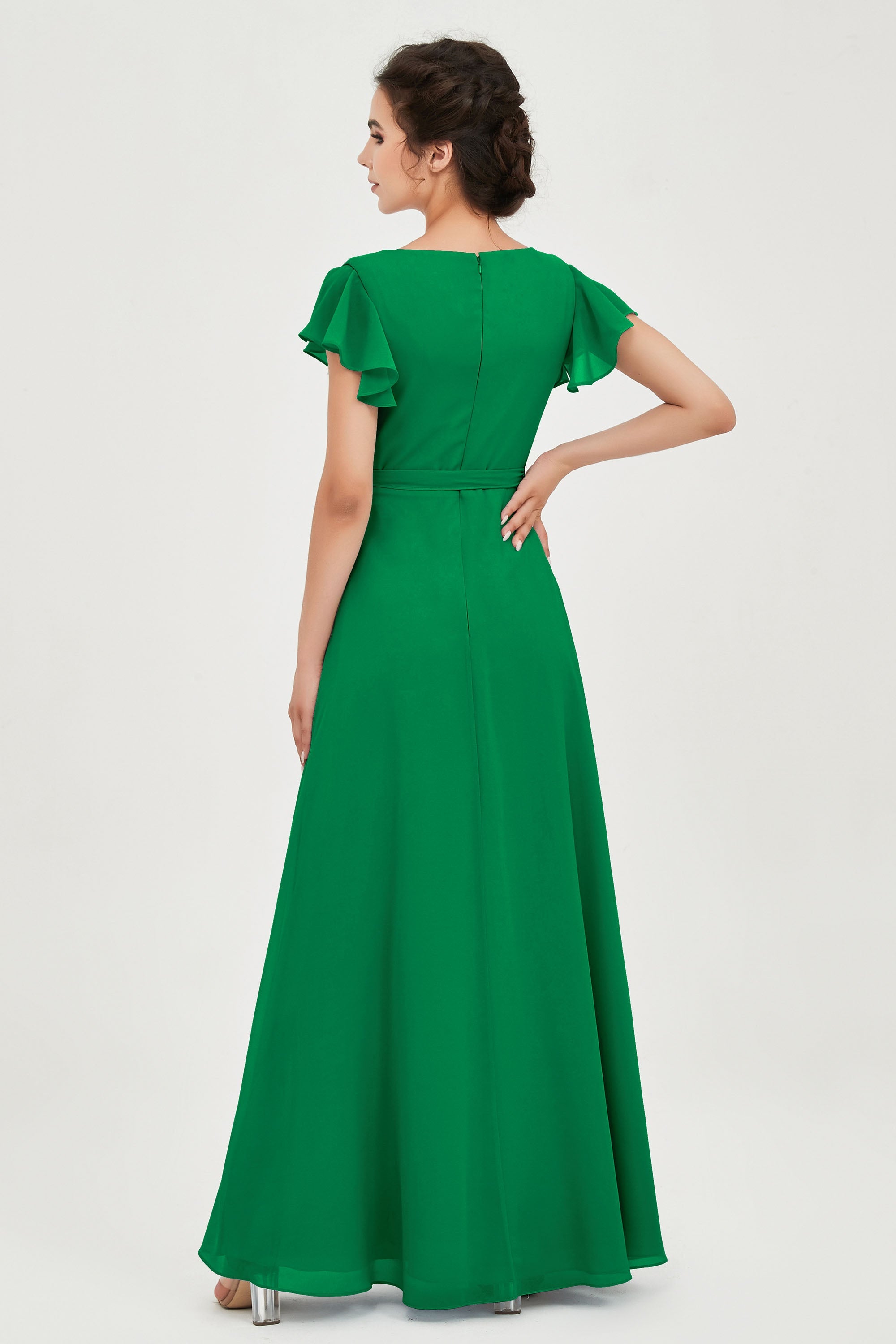 Flutter Sleeves Chiffon V Neck Bridesmaid Dress Women's Formal Evening Prom Gowns Dresses