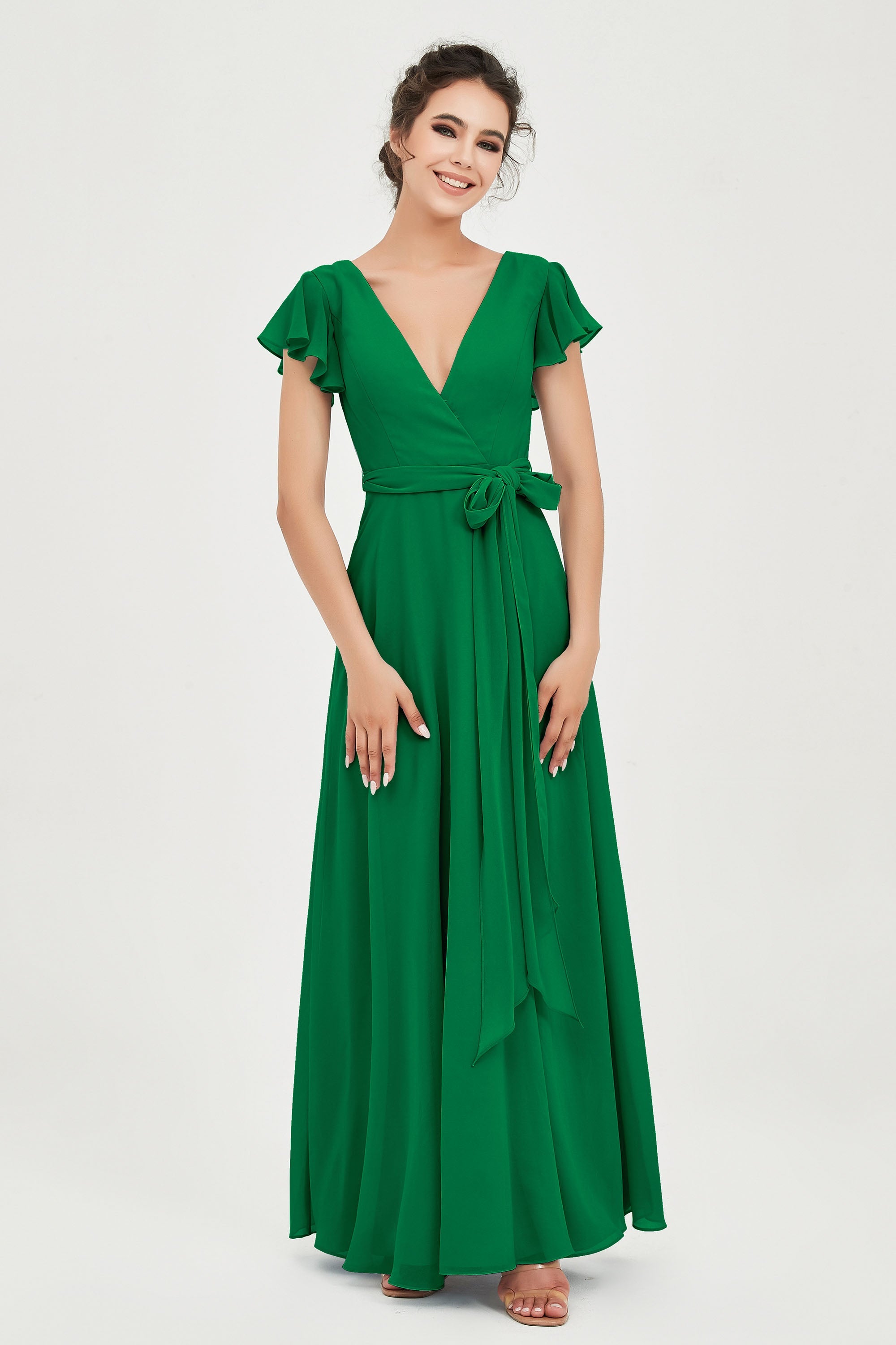 Flutter Sleeves Chiffon V Neck Bridesmaid Dress Women's Formal Evening Prom Gowns Dresses