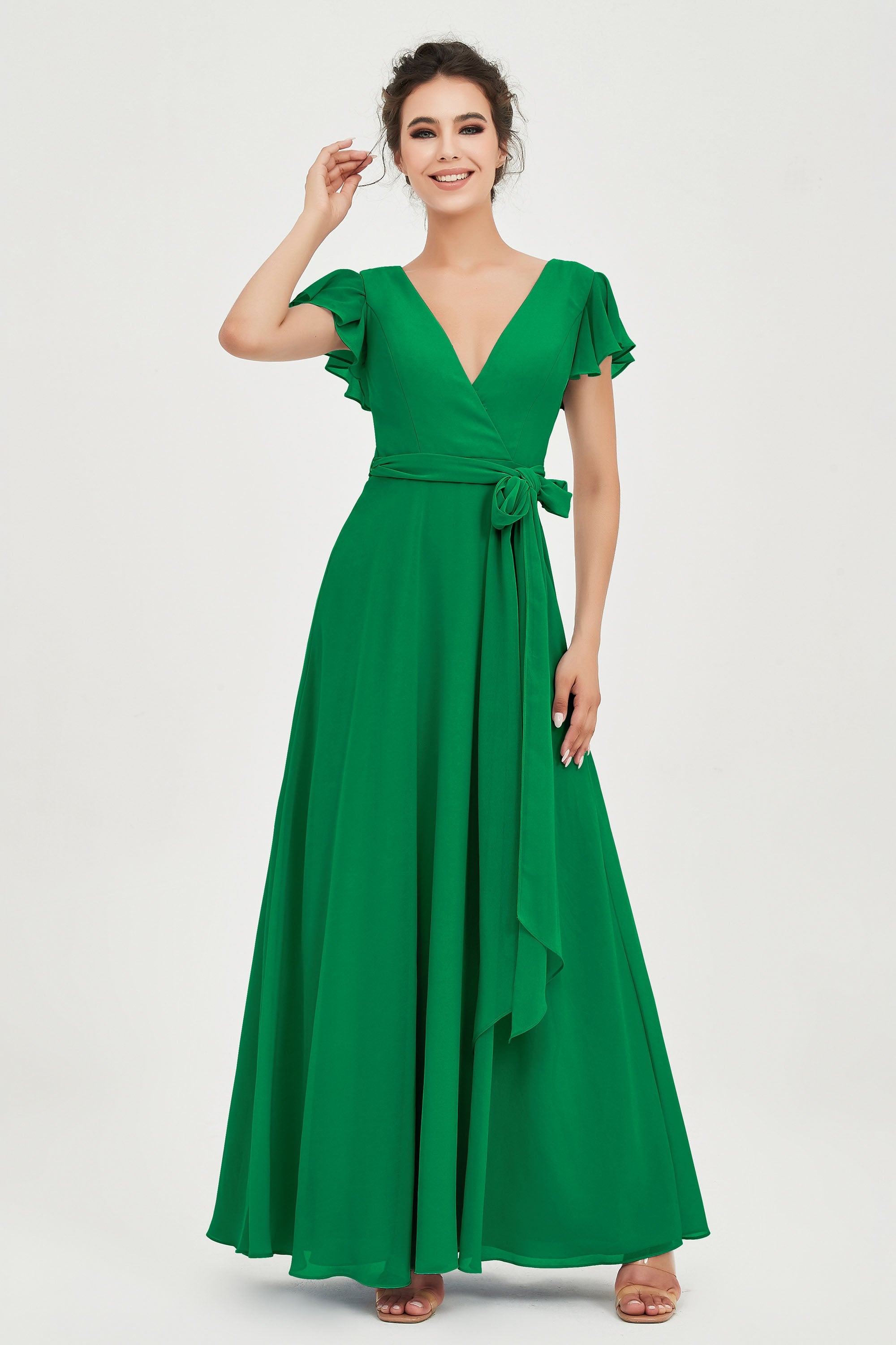Flutter Sleeves Chiffon V Neck Bridesmaid Dress Women's Formal Evening Prom Gowns Dresses