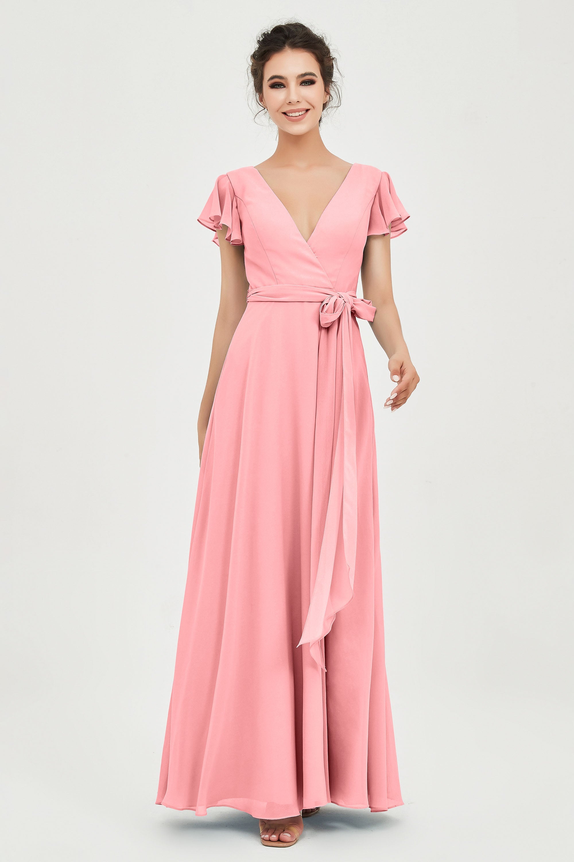 Flutter Sleeves Chiffon V Neck Bridesmaid Dress Women's Formal Evening Prom Gowns Dresses
