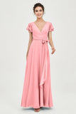 Flutter Sleeves Chiffon V Neck Bridesmaid Dress Women's Formal Evening Prom Gowns Dresses