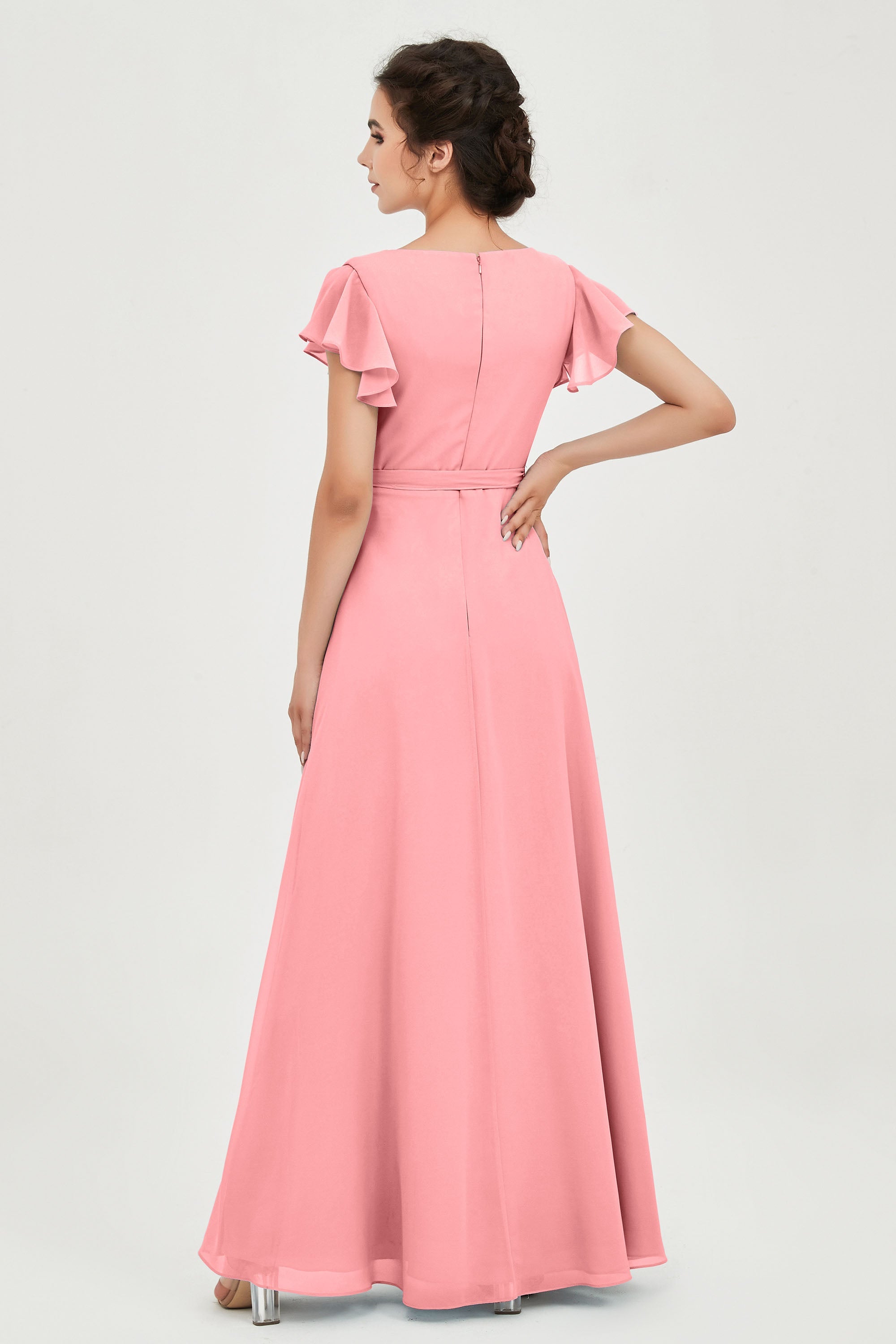 Flutter Sleeves Chiffon V Neck Bridesmaid Dress Women's Formal Evening Prom Gowns Dresses