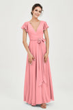 Flutter Sleeves Chiffon V Neck Bridesmaid Dress Women's Formal Evening Prom Gowns Dresses