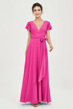 Flutter Sleeves Chiffon V Neck Bridesmaid Dress Women's Formal Evening Prom Gowns Dresses