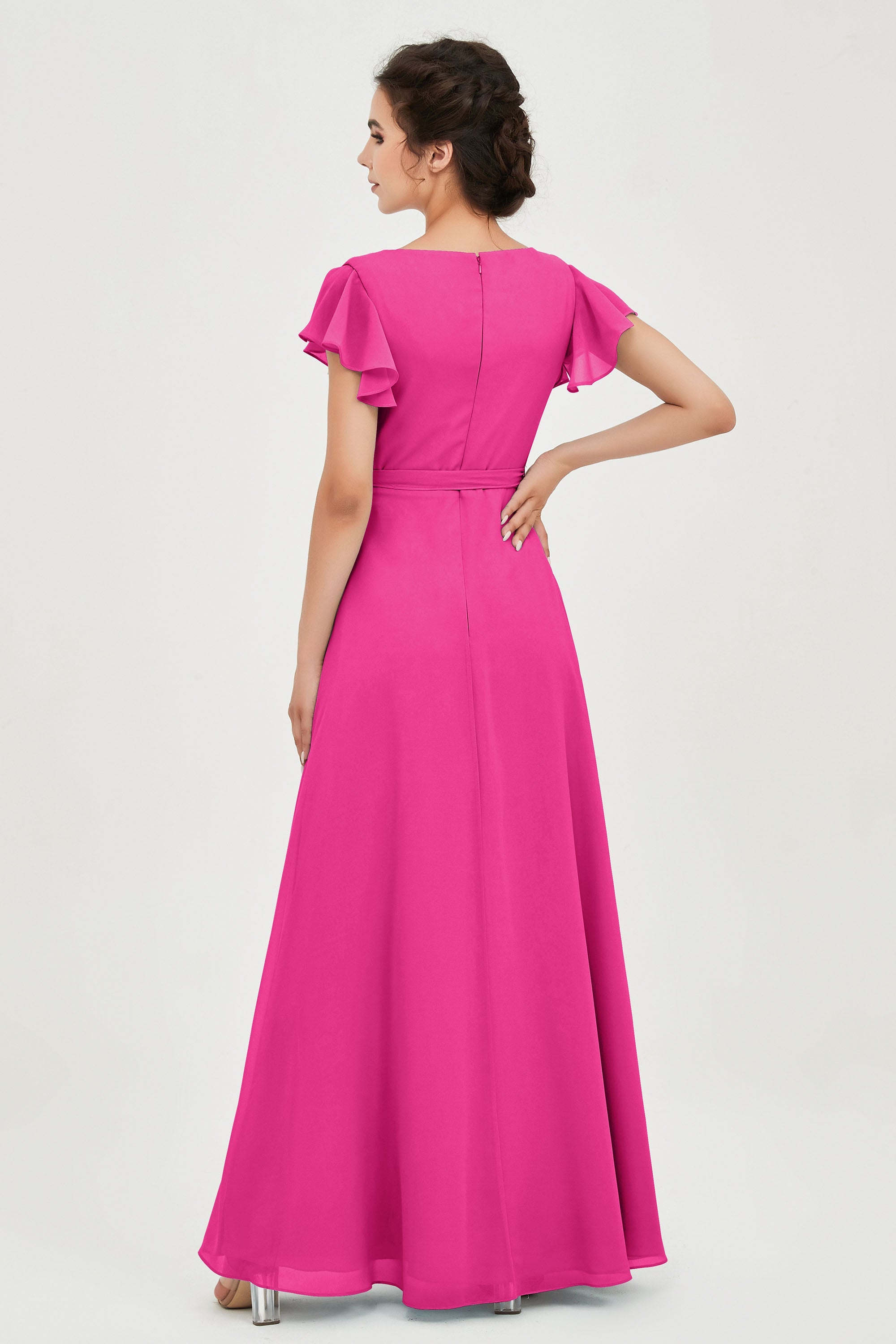 Flutter Sleeves Chiffon V Neck Bridesmaid Dress Women's Formal Evening Prom Gowns Dresses