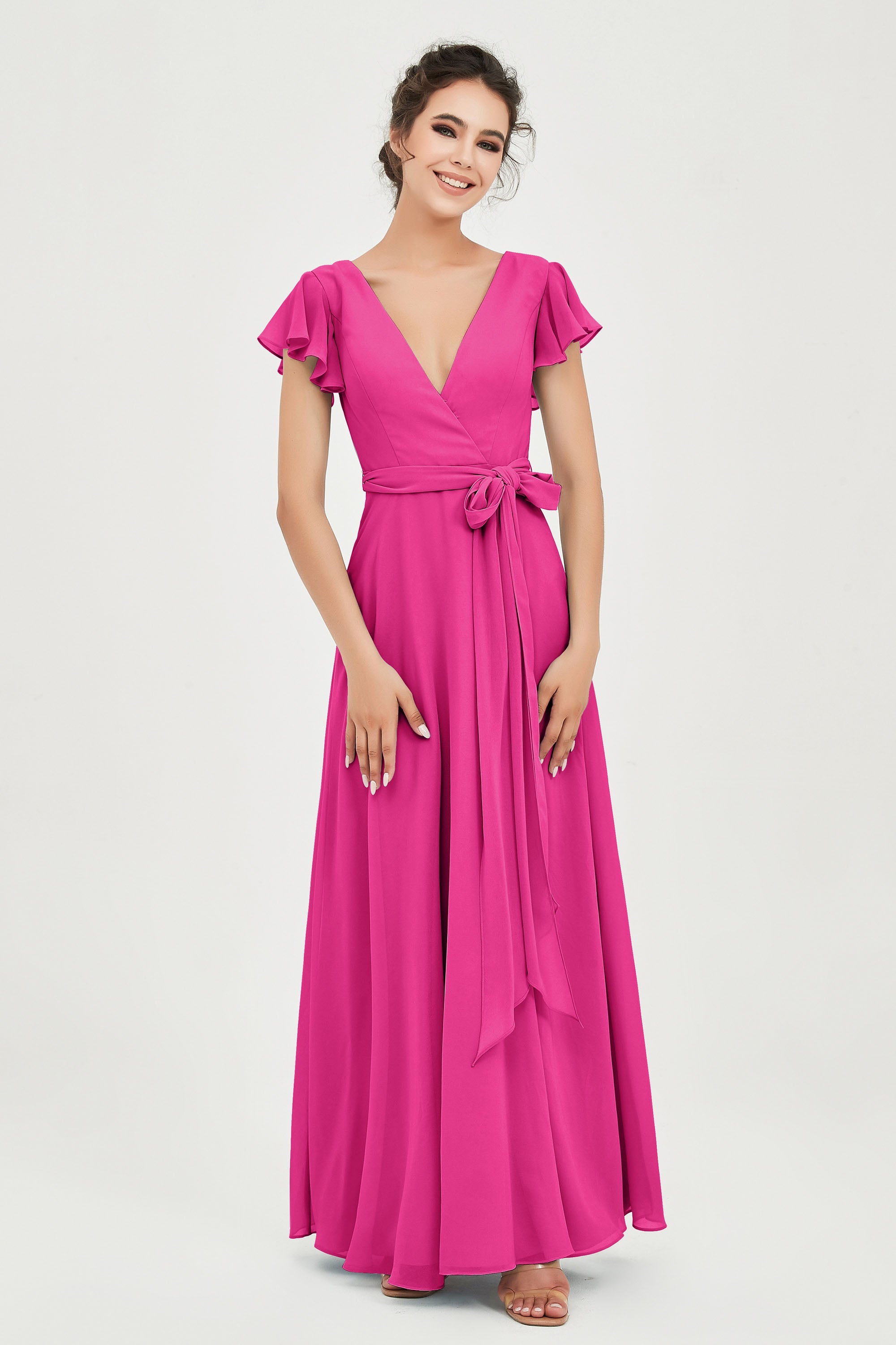 Flutter Sleeves Chiffon V Neck Bridesmaid Dress Women's Formal Evening Prom Gowns Dresses
