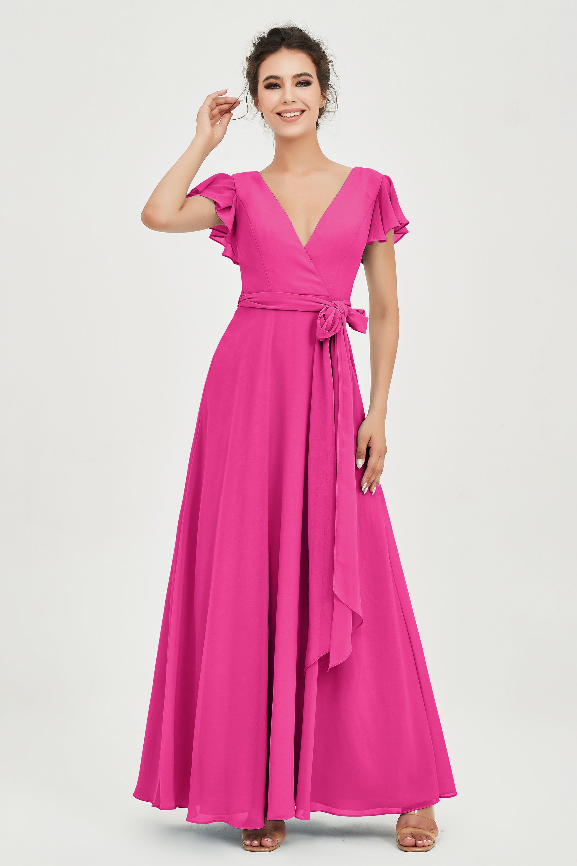 Flutter Sleeves Chiffon V Neck Bridesmaid Dress Women's Formal Evening Prom Gowns Dresses