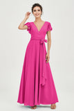Flutter Sleeves Chiffon V Neck Bridesmaid Dress Women's Formal Evening Prom Gowns Dresses