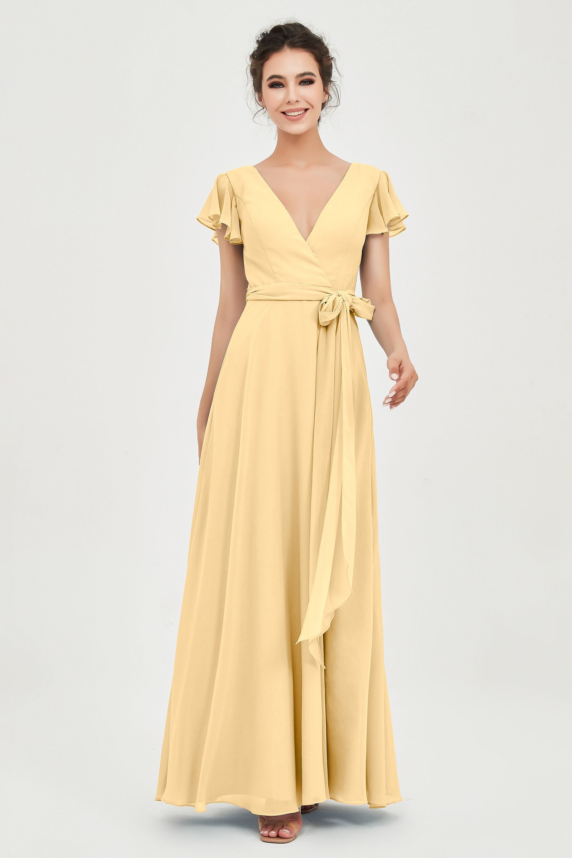 Flutter Sleeves Chiffon V Neck Bridesmaid Dress Women's Formal Evening Prom Gowns Dresses