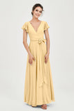 Flutter Sleeves Chiffon V Neck Bridesmaid Dress Women's Formal Evening Prom Gowns Dresses