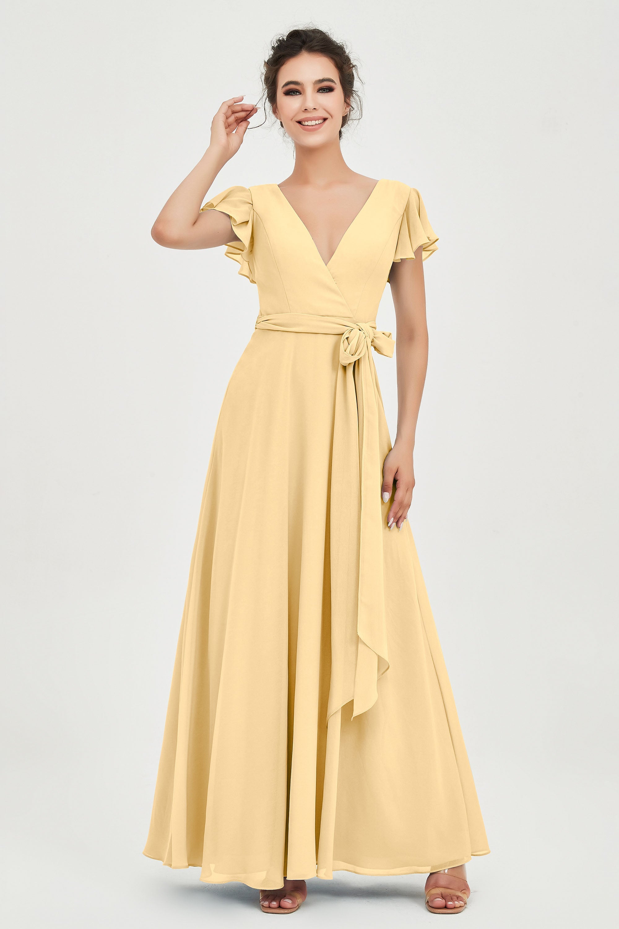 Flutter Sleeves Chiffon V Neck Bridesmaid Dress Women's Formal Evening Prom Gowns Dresses