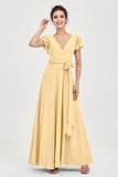 Flutter Sleeves Chiffon V Neck Bridesmaid Dress Women's Formal Evening Prom Gowns Dresses