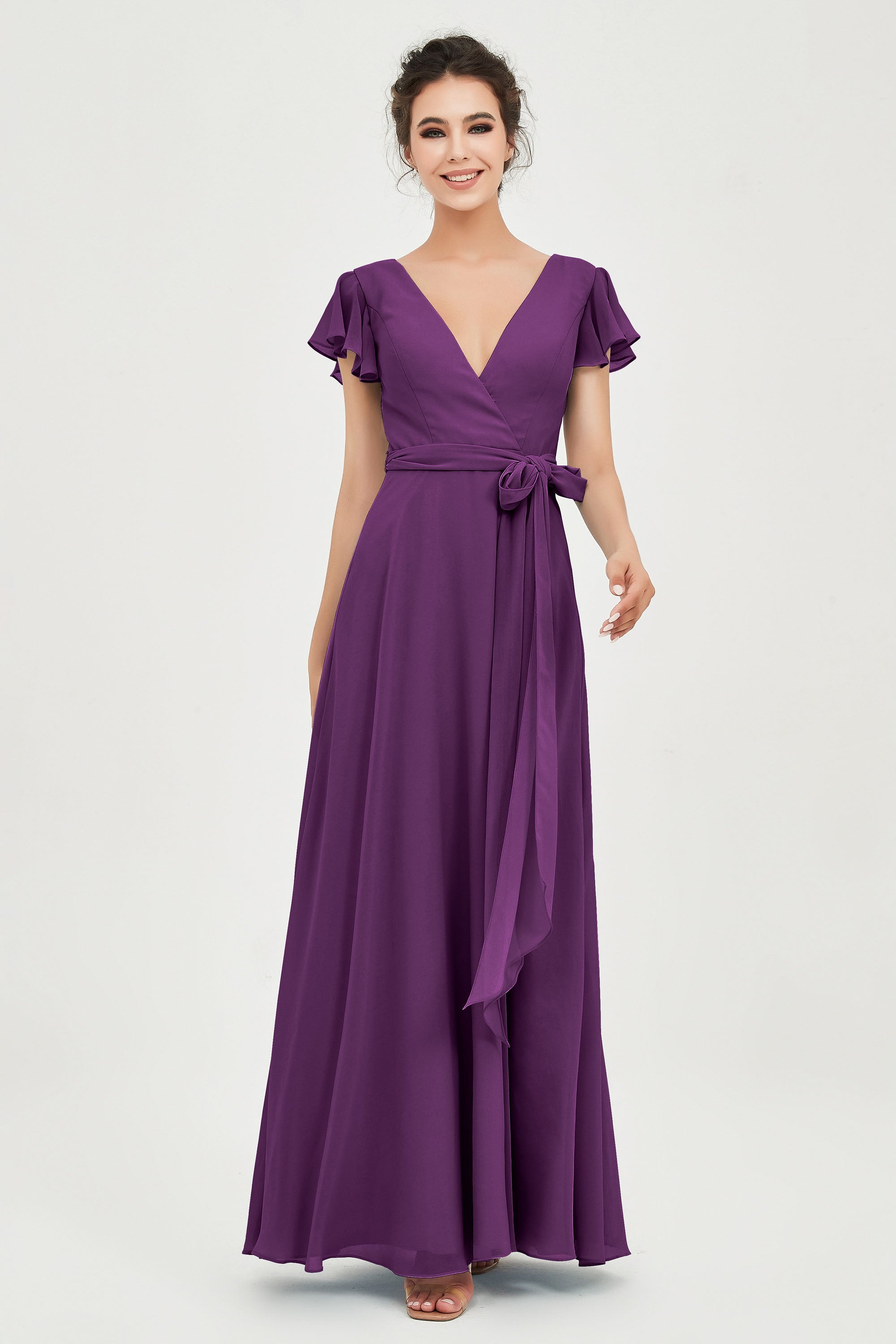 Flutter Sleeves Chiffon V Neck Bridesmaid Dress Women's Formal Evening Prom Gowns Dresses