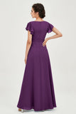Flutter Sleeves Chiffon V Neck Bridesmaid Dress Women's Formal Evening Prom Gowns Dresses