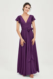 Flutter Sleeves Chiffon V Neck Bridesmaid Dress Women's Formal Evening Prom Gowns Dresses