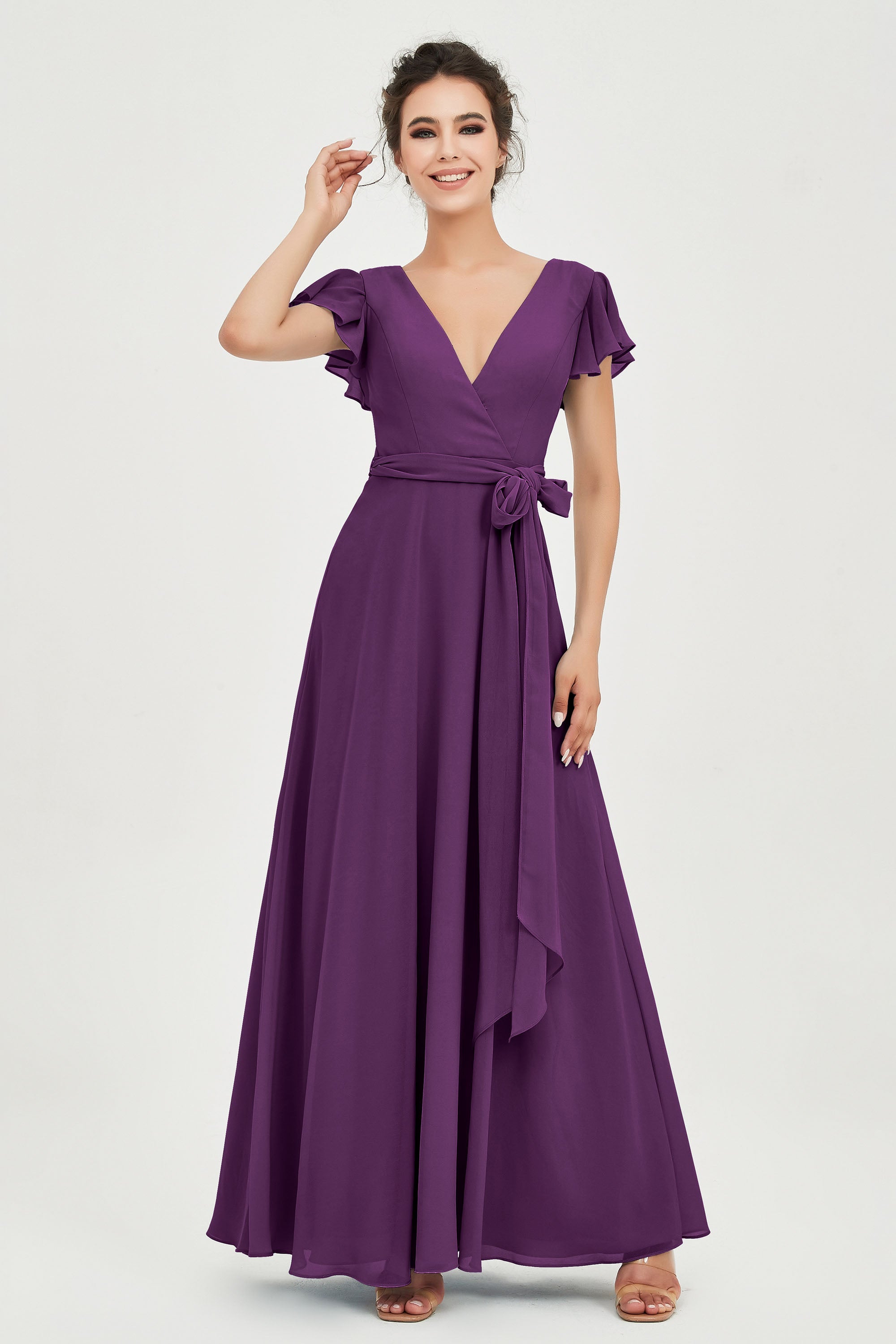 Flutter Sleeves Chiffon V Neck Bridesmaid Dress Women's Formal Evening Prom Gowns Dresses