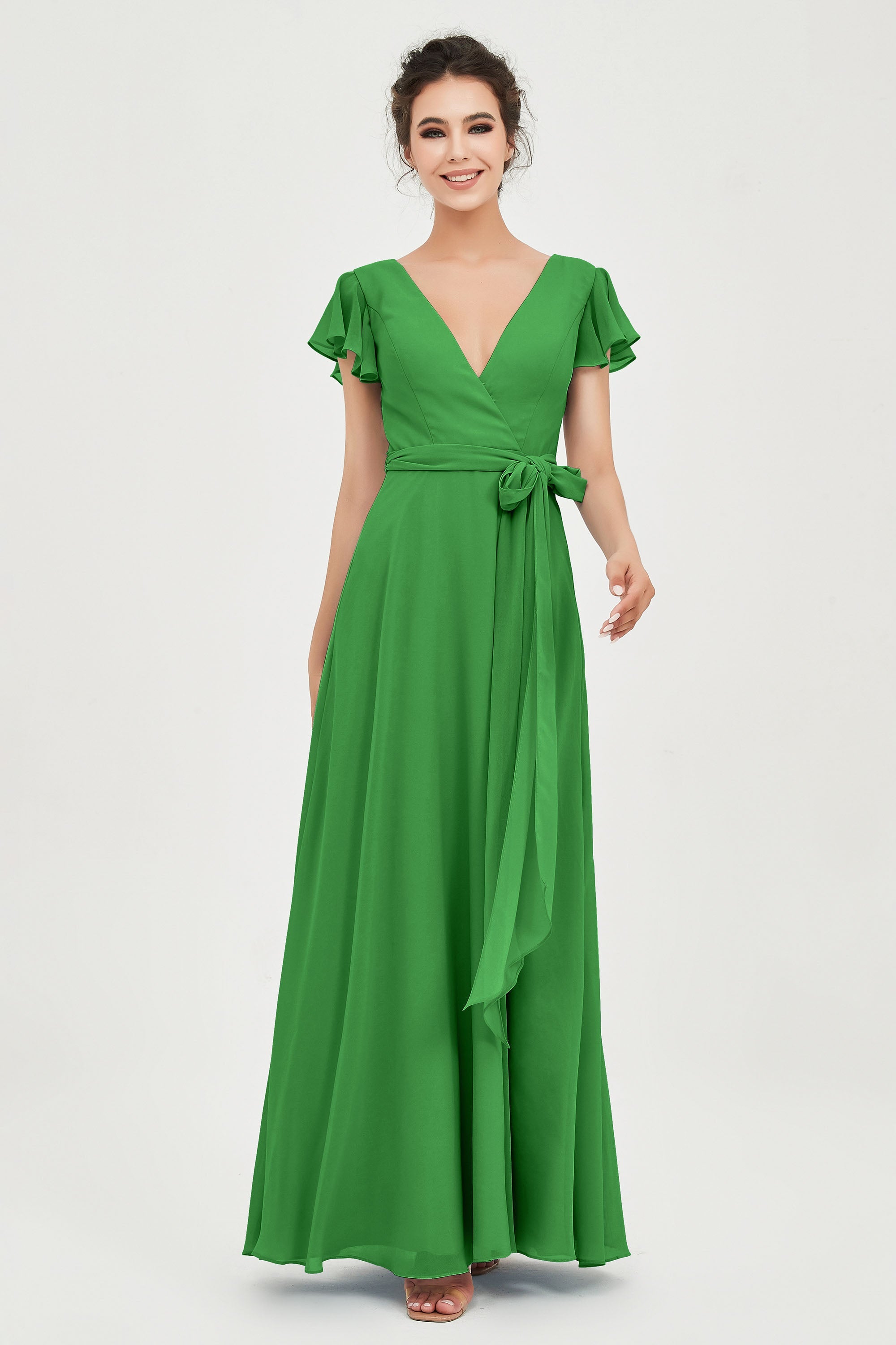 Flutter Sleeves Chiffon V Neck Bridesmaid Dress Women's Formal Evening Prom Gowns Dresses