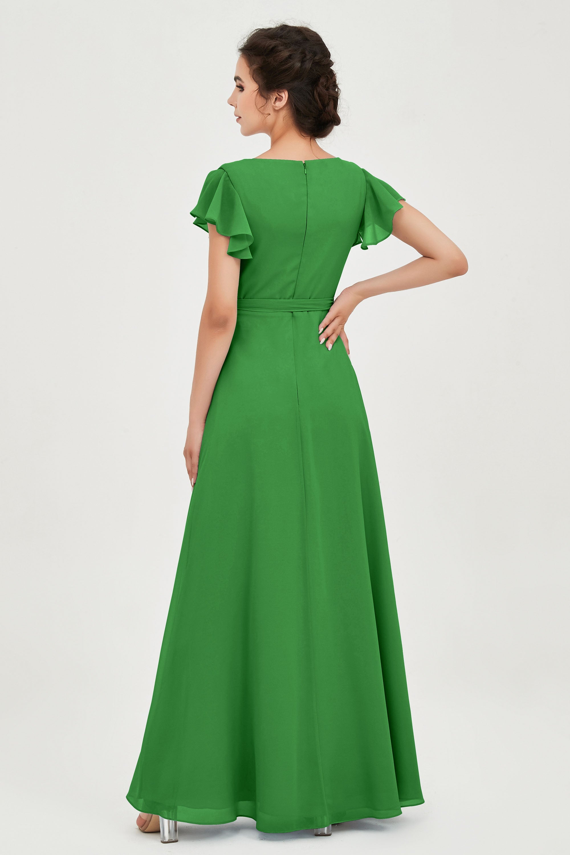 Flutter Sleeves Chiffon V Neck Bridesmaid Dress Women's Formal Evening Prom Gowns Dresses
