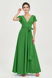 Flutter Sleeves Chiffon V Neck Bridesmaid Dress Women's Formal Evening Prom Gowns Dresses