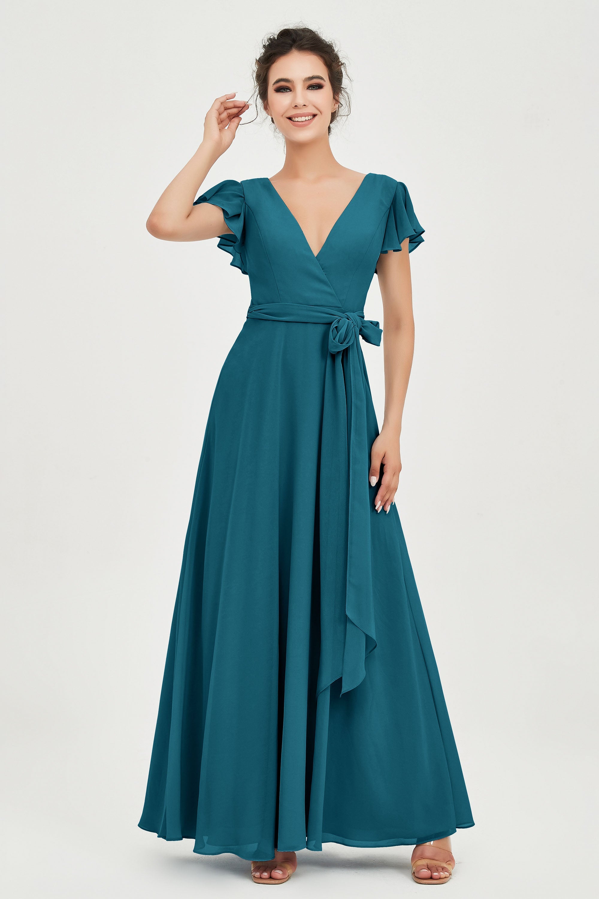 Flutter Sleeves Chiffon V Neck Bridesmaid Dress Women's Formal Evening Prom Gowns Dresses
