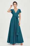 Flutter Sleeves Chiffon V Neck Bridesmaid Dress Women's Formal Evening Prom Gowns Dresses