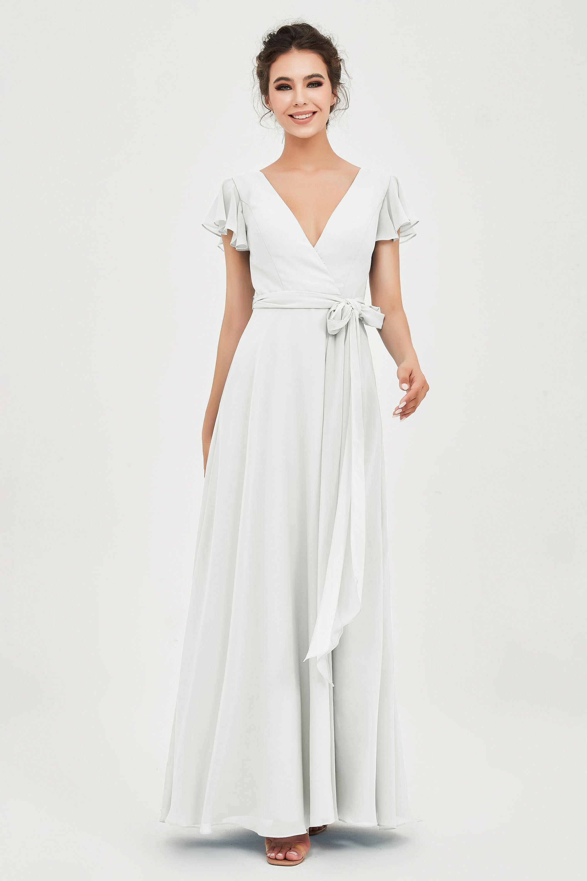 Flutter Sleeves Chiffon V Neck Bridesmaid Dress Women's Formal Evening Prom Gowns Dresses