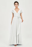 Flutter Sleeves Chiffon V Neck Bridesmaid Dress Women's Formal Evening Prom Gowns Dresses