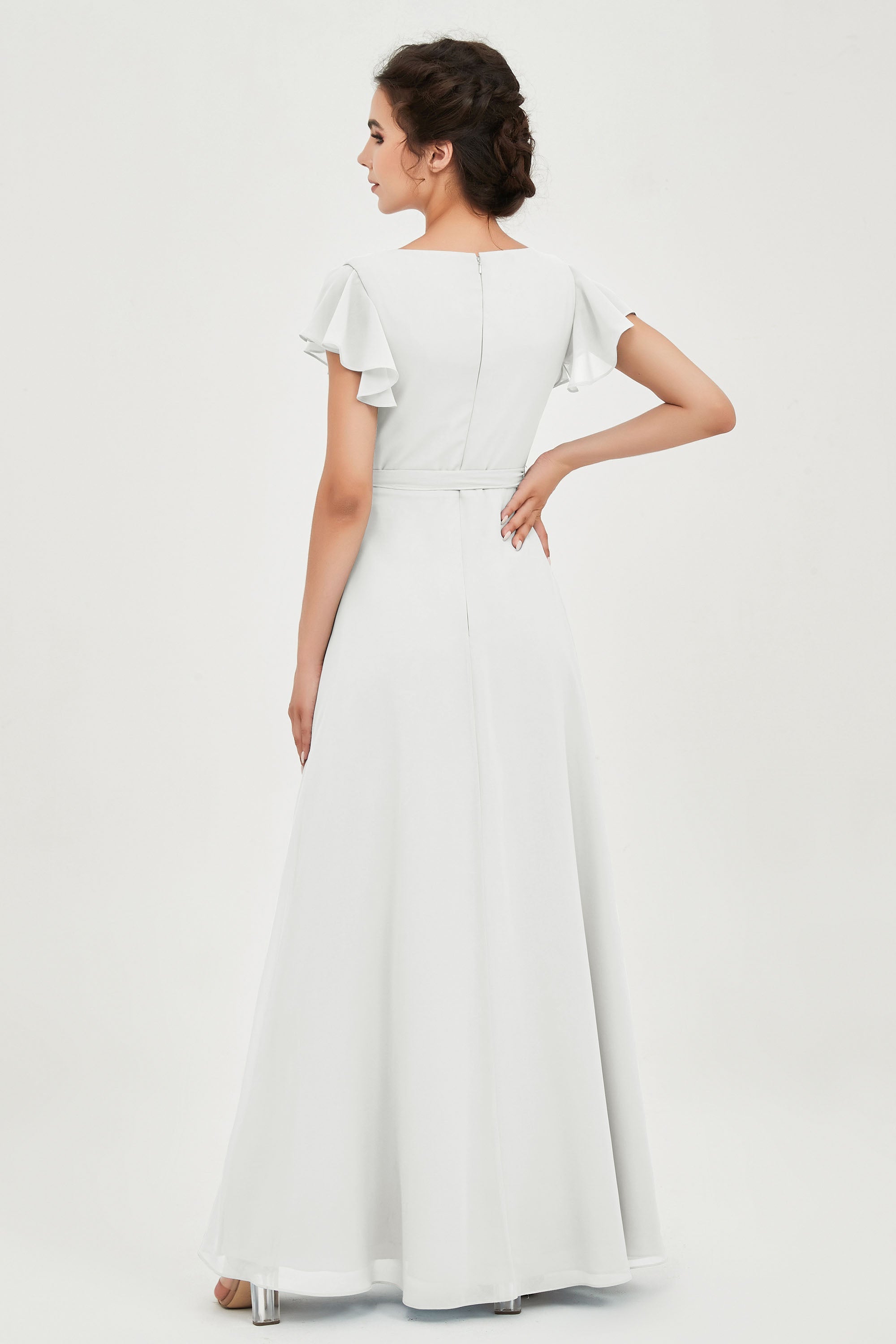 Flutter Sleeves Chiffon V Neck Bridesmaid Dress Women's Formal Evening Prom Gowns Dresses
