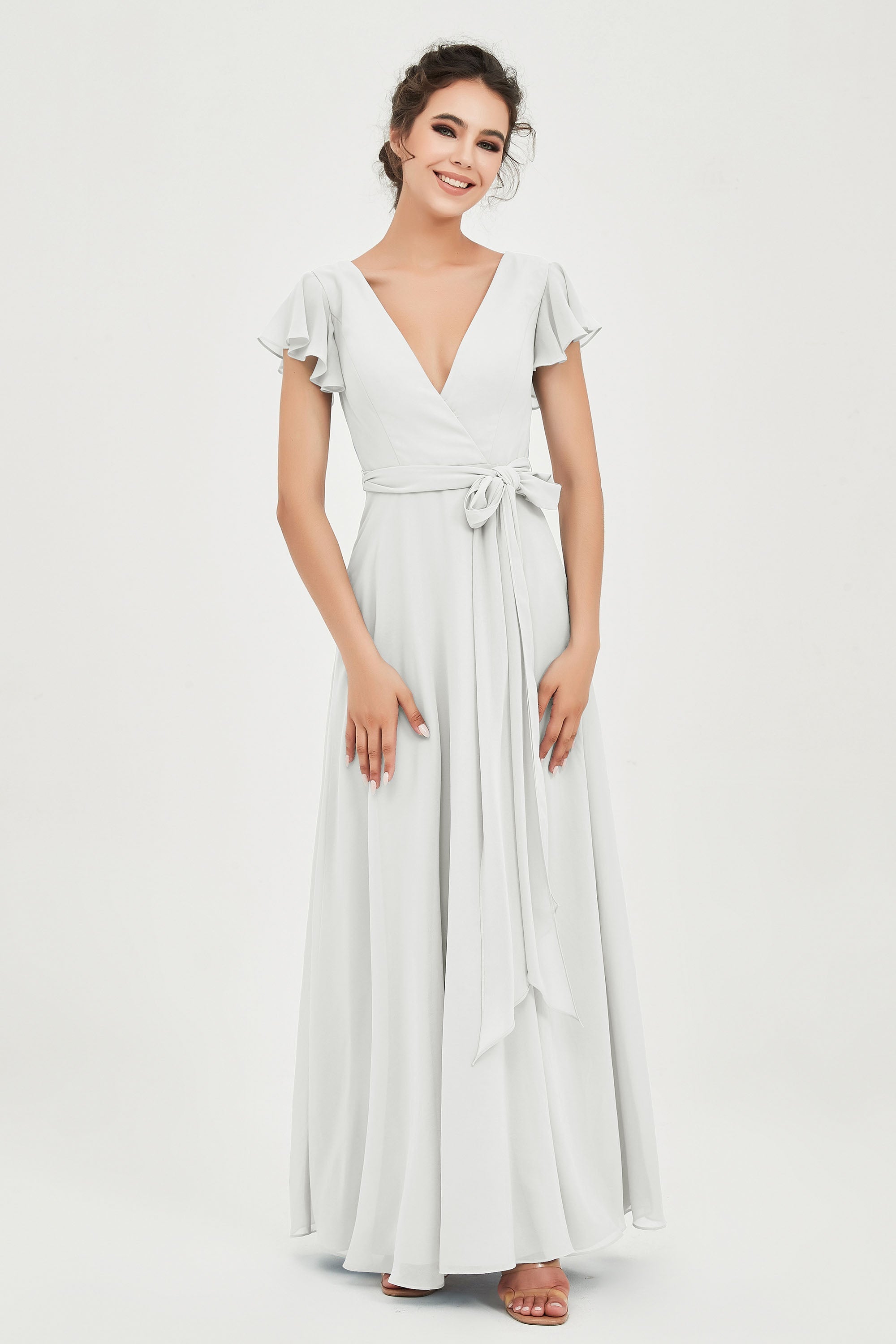 Flutter Sleeves Chiffon V Neck Bridesmaid Dress Women's Formal Evening Prom Gowns Dresses
