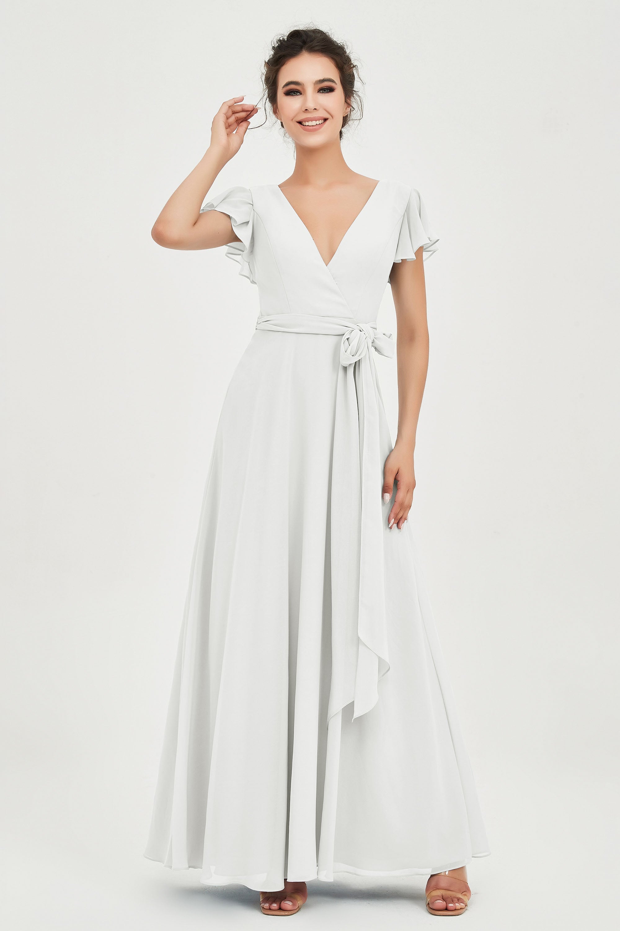 Flutter Sleeves Chiffon V Neck Bridesmaid Dress Women's Formal Evening Prom Gowns Dresses