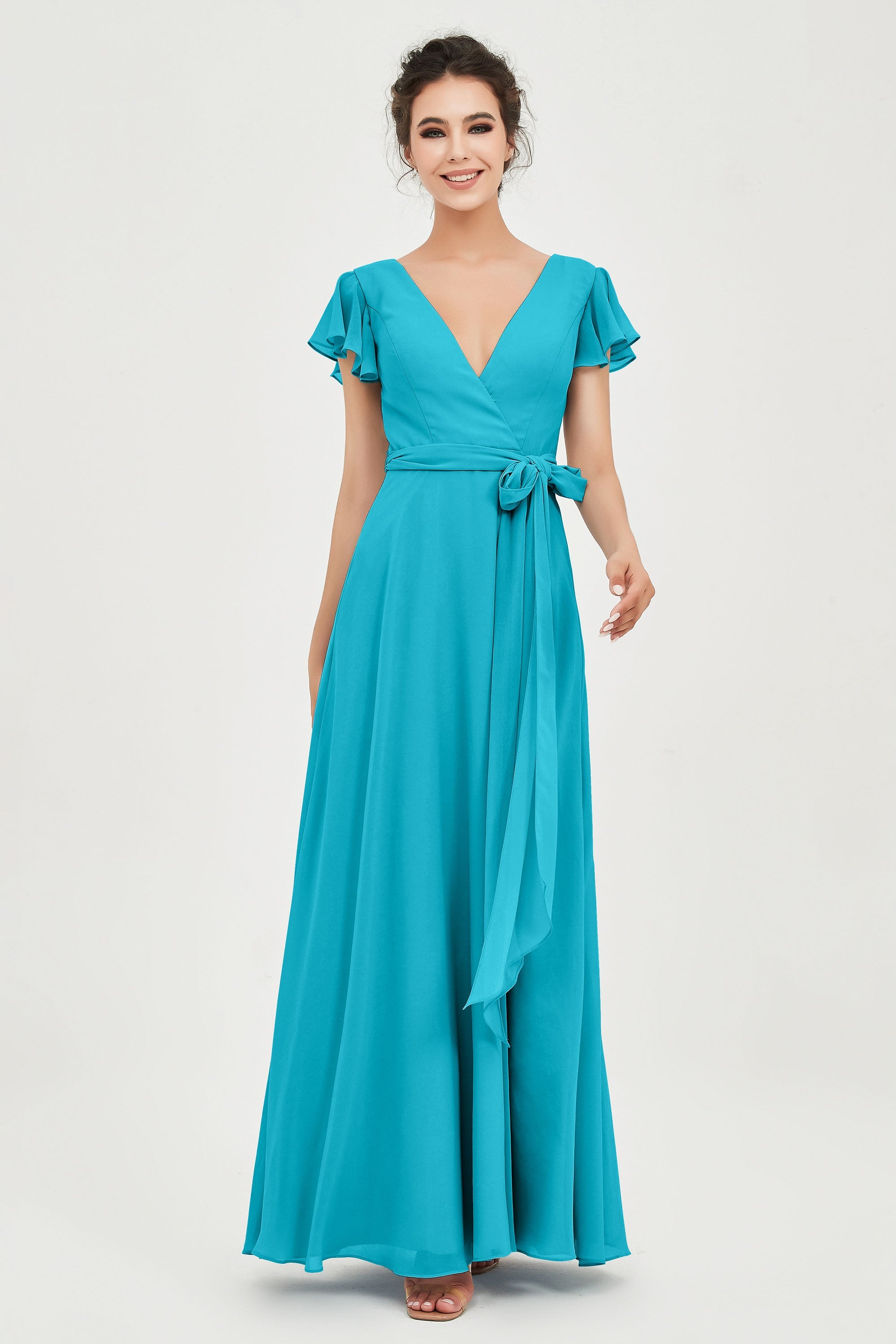 Flutter Sleeves Chiffon V Neck Bridesmaid Dress Women's Formal Evening Prom Gowns Dresses