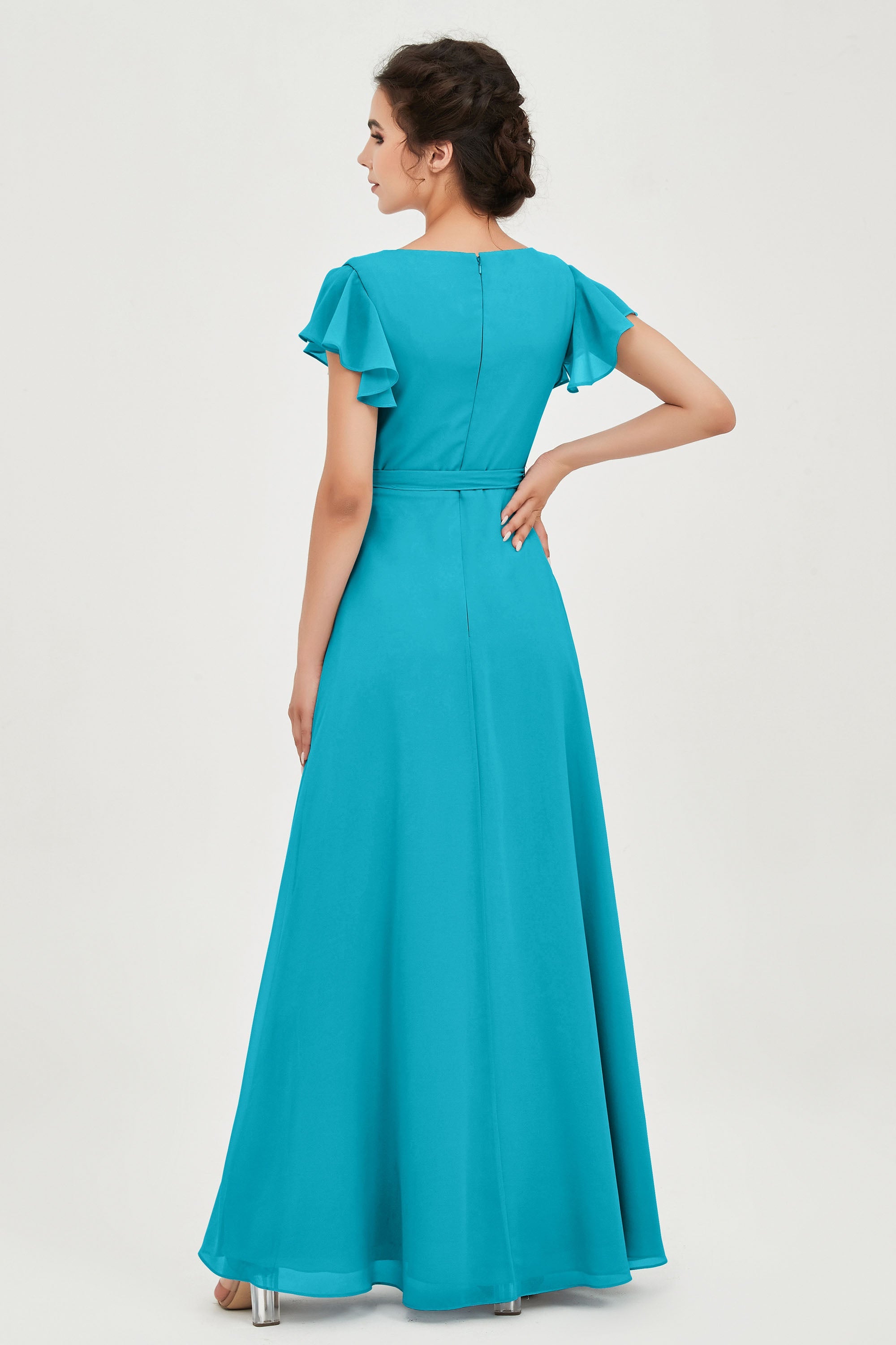 Flutter Sleeves Chiffon V Neck Bridesmaid Dress Women's Formal Evening Prom Gowns Dresses
