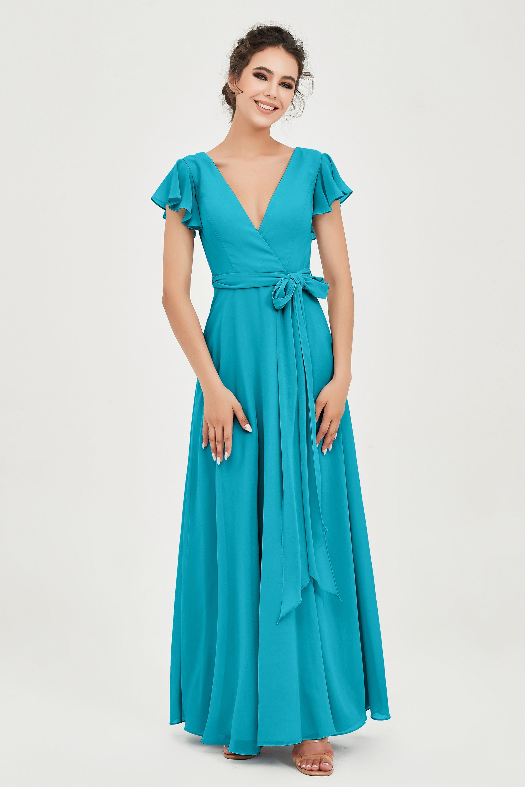 Flutter Sleeves Chiffon V Neck Bridesmaid Dress Women's Formal Evening Prom Gowns Dresses