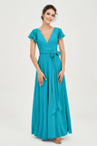 Flutter Sleeves Chiffon V Neck Bridesmaid Dress Women's Formal Evening Prom Gowns Dresses