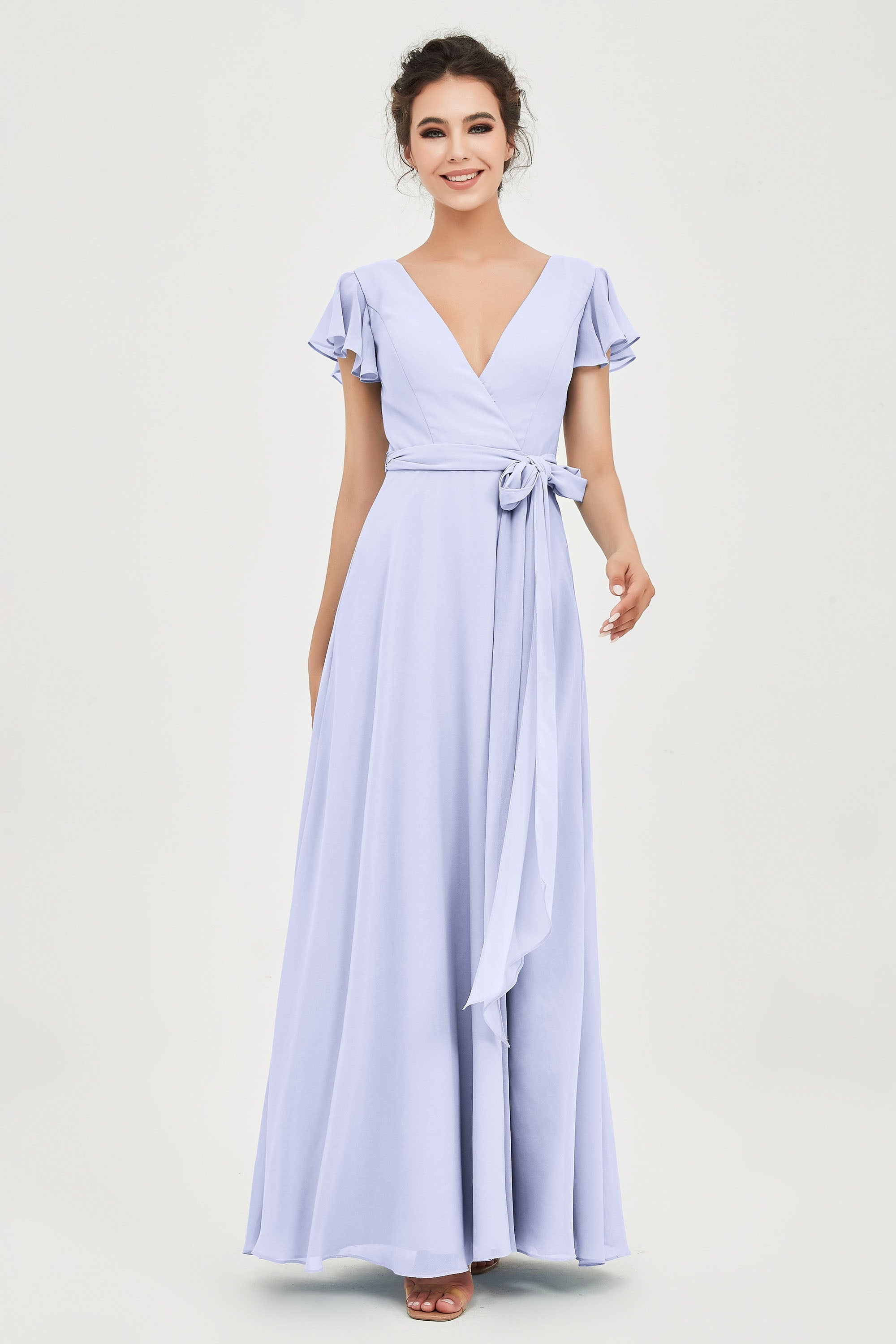 Flutter Sleeves Chiffon V Neck Bridesmaid Dress Women's Formal Evening Prom Gowns Dresses