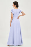 Flutter Sleeves Chiffon V Neck Bridesmaid Dress Women's Formal Evening Prom Gowns Dresses