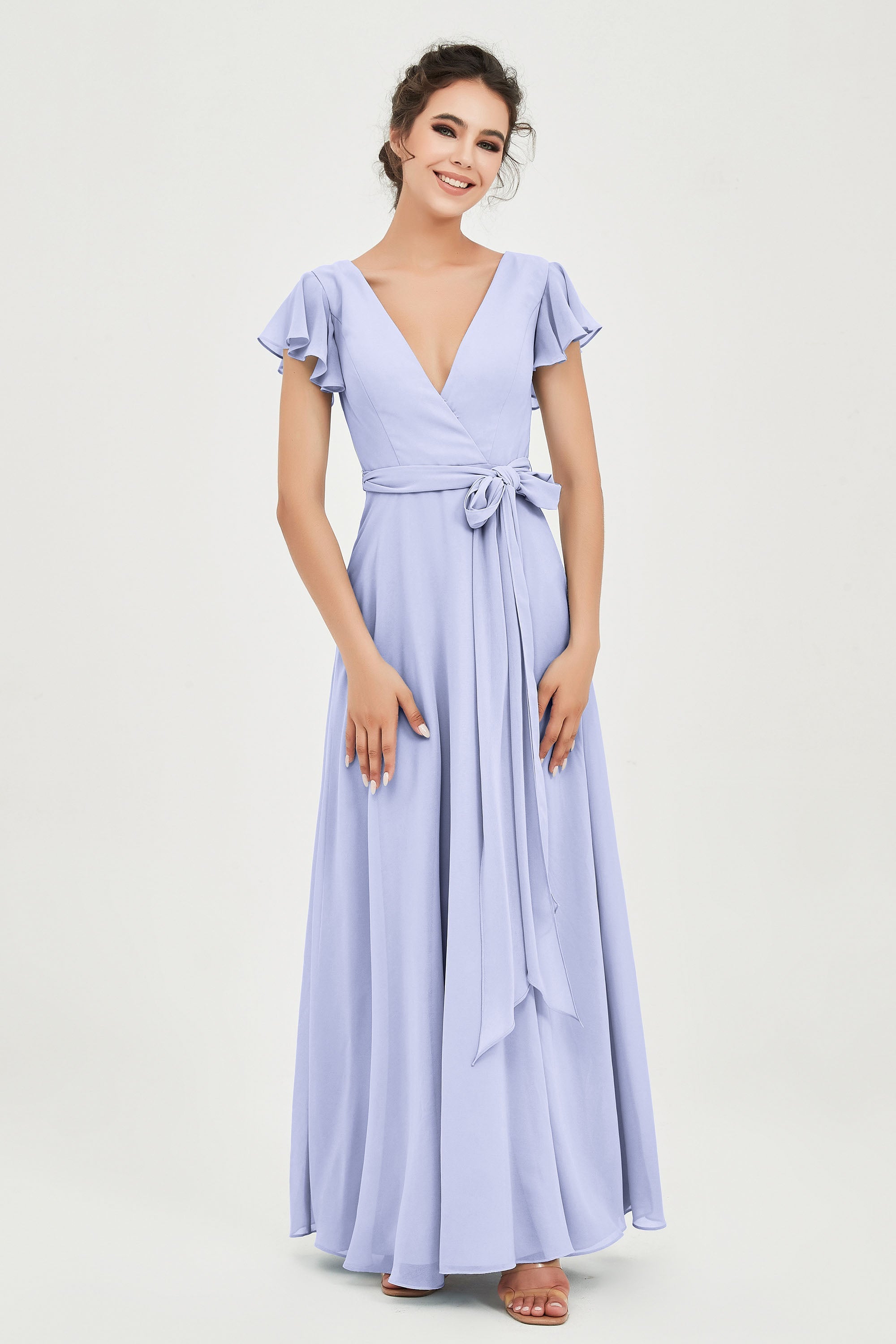 Flutter Sleeves Chiffon V Neck Bridesmaid Dress Women's Formal Evening Prom Gowns Dresses