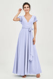 Flutter Sleeves Chiffon V Neck Bridesmaid Dress Women's Formal Evening Prom Gowns Dresses