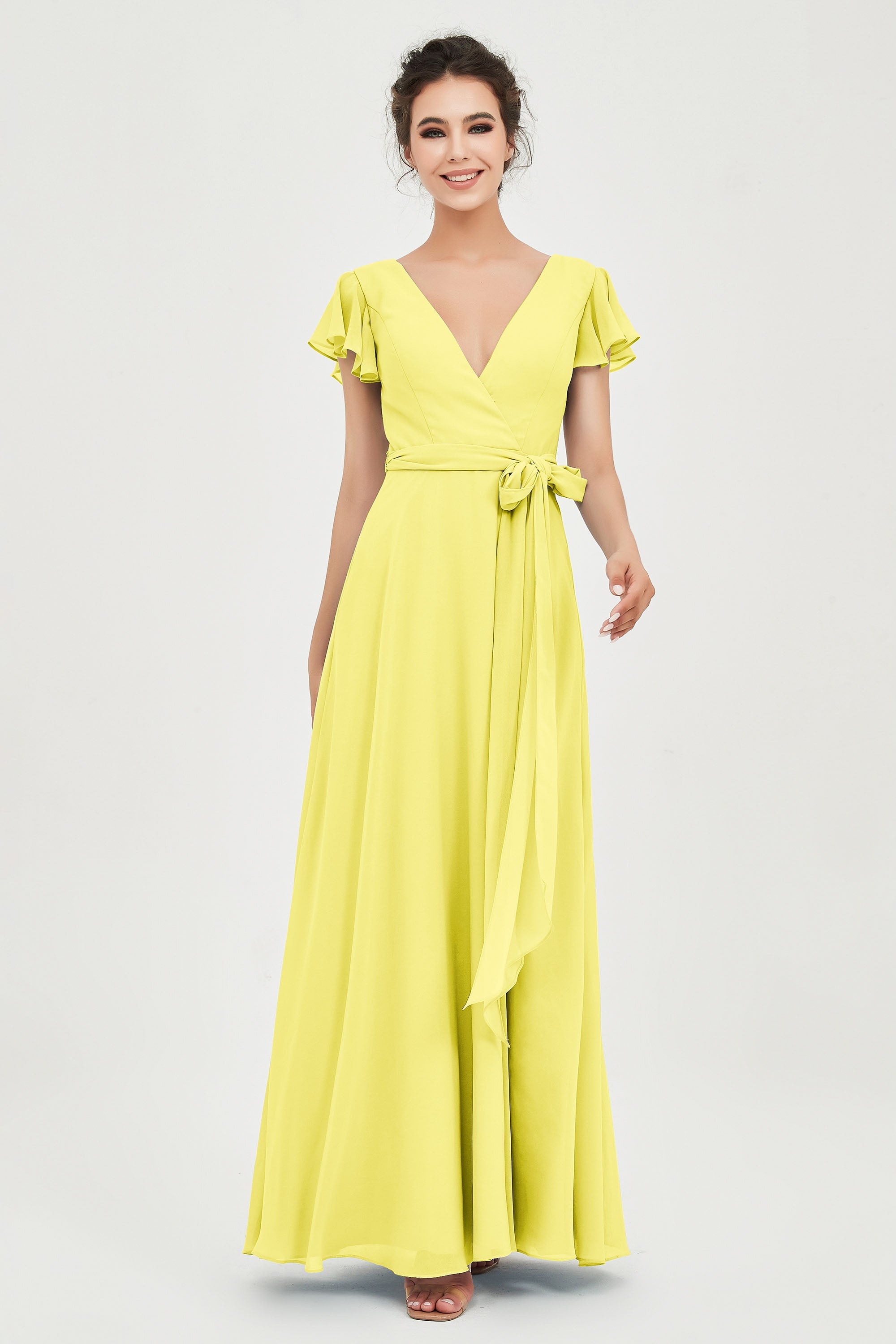 Flutter Sleeves Chiffon V Neck Bridesmaid Dress Women's Formal Evening Prom Gowns Dresses