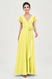 Flutter Sleeves Chiffon V Neck Bridesmaid Dress Women's Formal Evening Prom Gowns Dresses